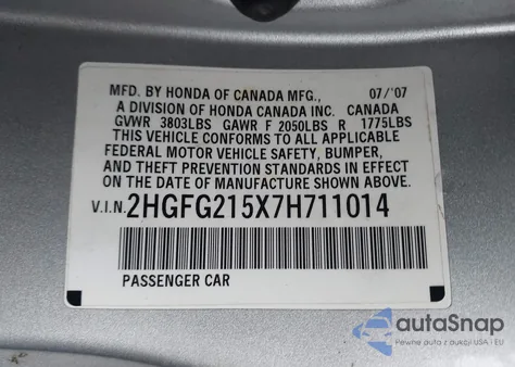 2007 Honda Civic Si from USA, damaged, VIN 2HGFG215X7H711014